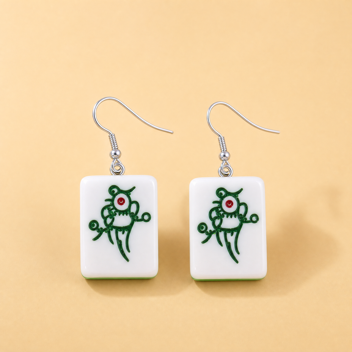 Mahjong Tile Earrings - "Green Dragon" Lucky Charm