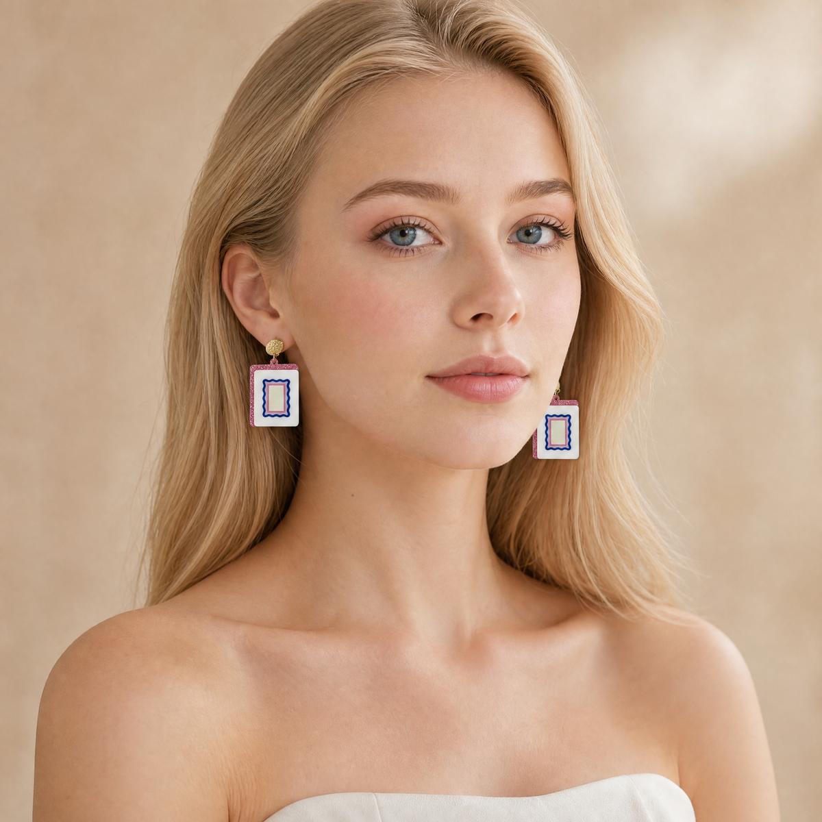Blank Mahjong Tile Dangle Earrings – Pink Glitter Edges