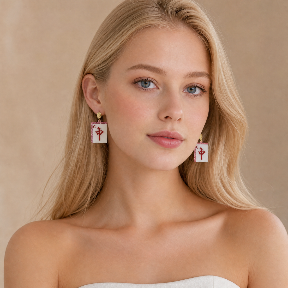 Red Dragon "C" Mahjong Tile Dangle Earrings – Pink Glitter Edges