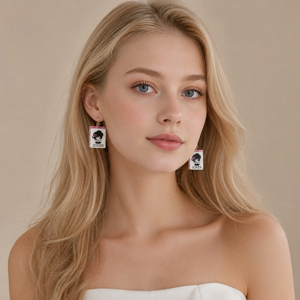 Joker Girl Mahjong Tile Earrings – Pink Glitter Edge