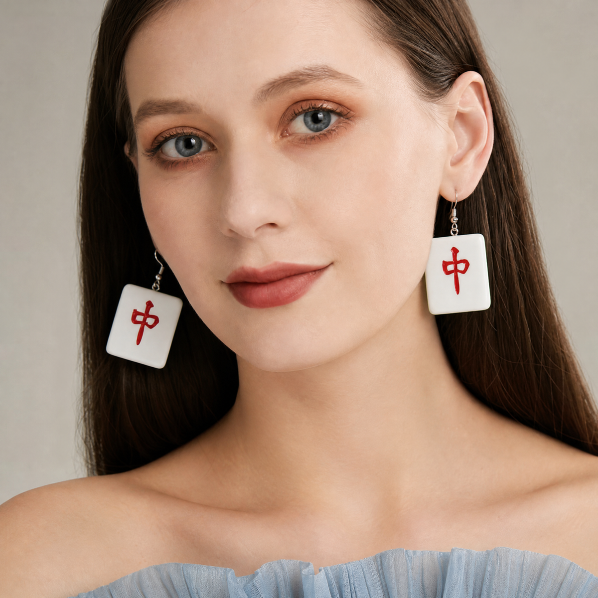 Mahjong Tile Earrings - Lucky Red Dragon Charm