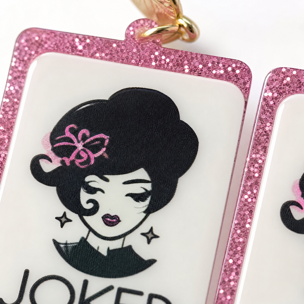 Joker Girl Mahjong Tile Earrings – Pink Glitter Edge