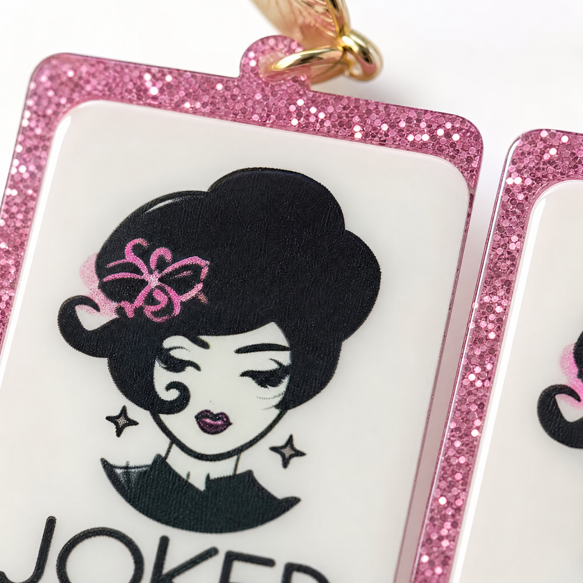 Joker Girl Mahjong Tile Earrings – Pink Glitter Edge