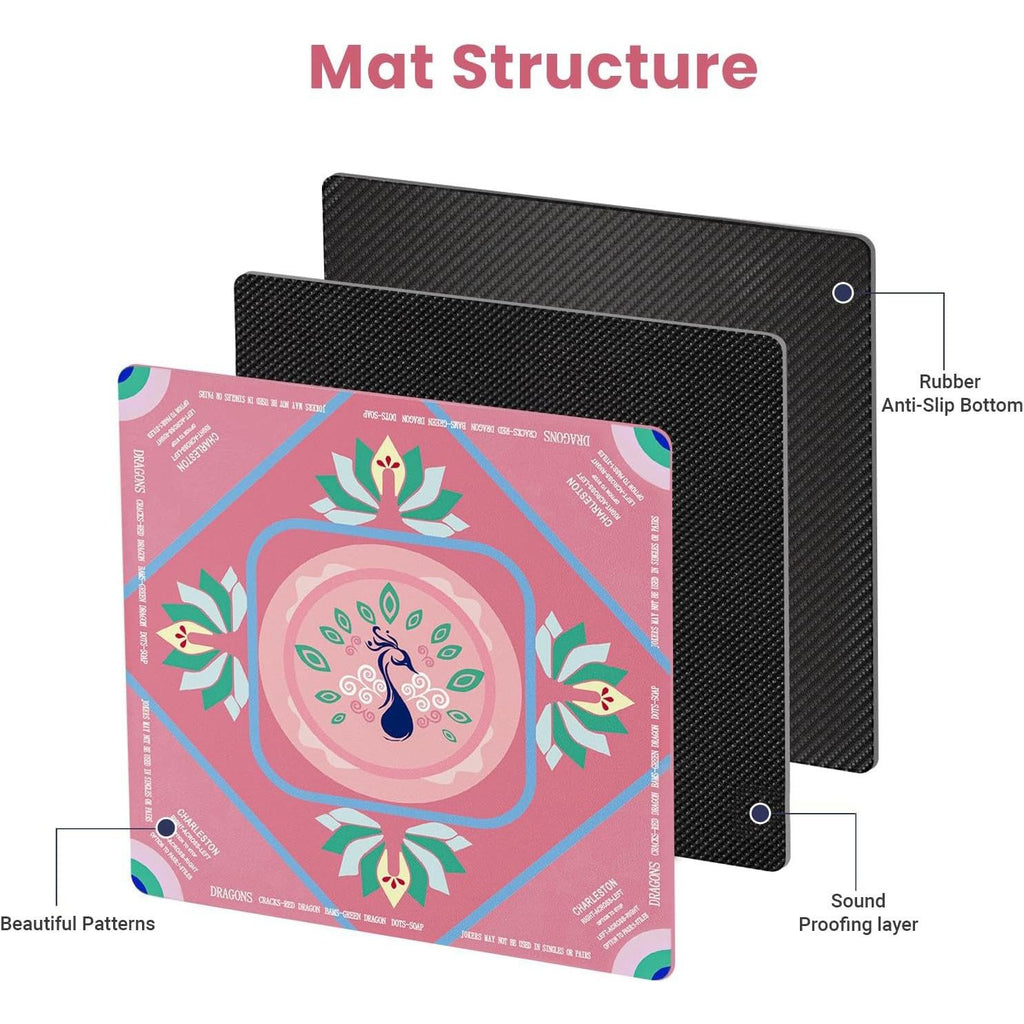 American Mahjong Table Mat with Carry Bag – Pink Peacock Non-Slip Game Mat (32”+)