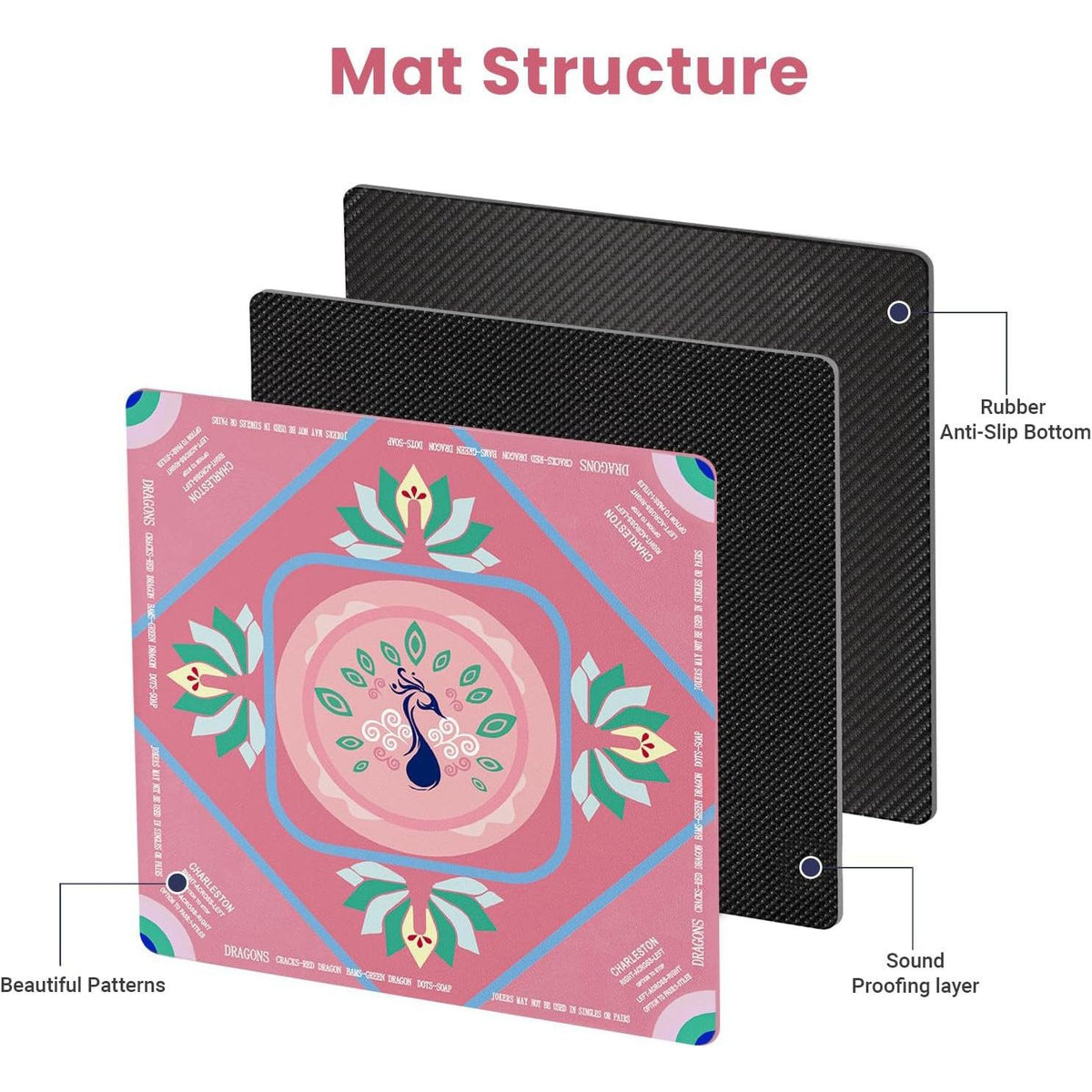 American Mahjong Table Mat with Carry Bag – Pink Peacock Non-Slip Game Mat (32”+)