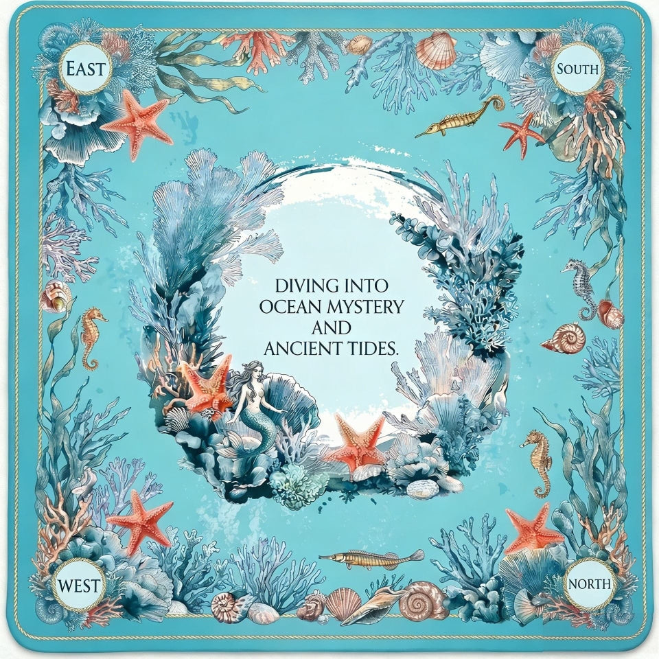 	Ocean theme mahjong playing mat with mermaid and coral design, marked East South West North