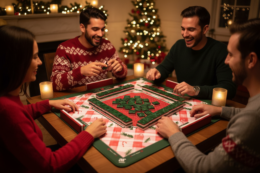 Friends playing Mahjong with Christmas mat and emerald marble tiles
