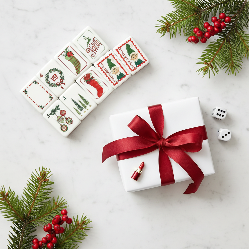 Vintage Illustrated Mahjong Gift Set flat lay – Christmas tiles, dice and lipstick charm earring, perfect holiday gift, free shipping USA