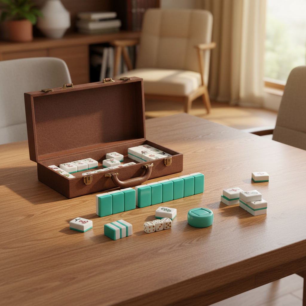 Open brown leather mahjong case on a dining table mid-game with a wall of white turquoise-backed tiles in warm afternoon light