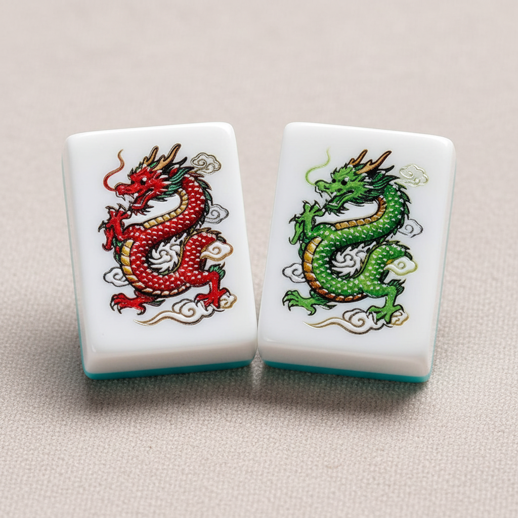 Macro close-up of laser-engraved red and green dragon detail on glossy white acrylic mahjong tiles with turquoise edges