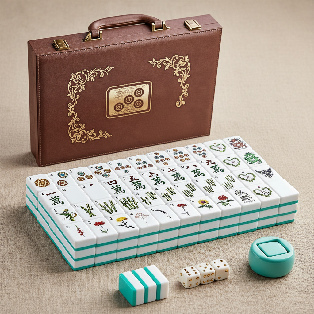 White and turquoise engraved acrylic mahjong tiles stacked in rows on linen beside a brown embossed leather travel case, wind indicator and dice