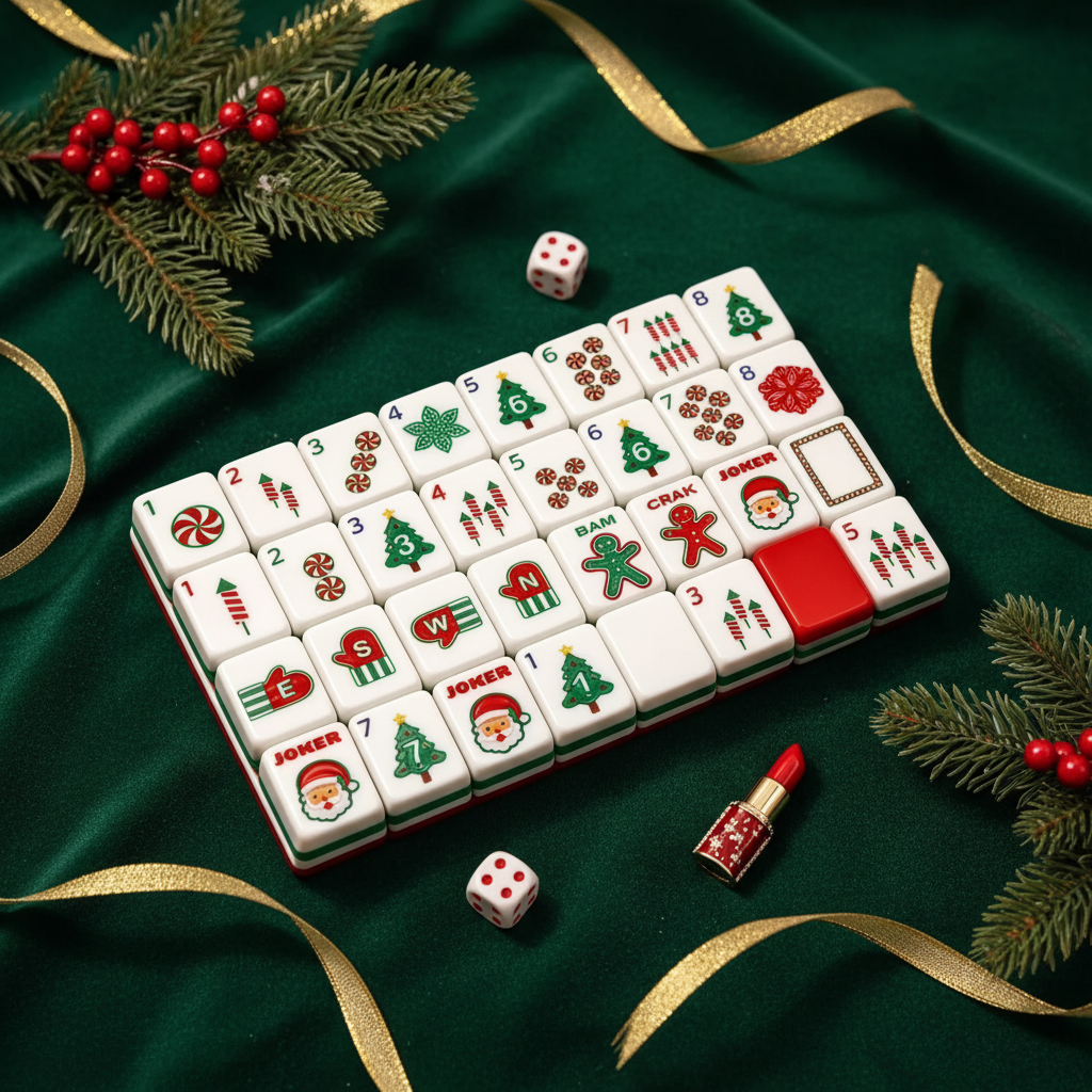 Santa Mahjong gift set flat lay with tiles, dice and charm earring