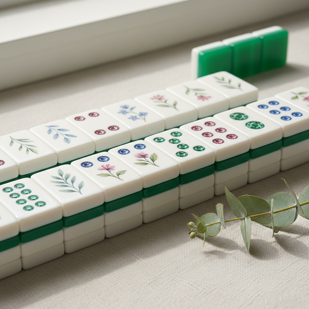 White mahjong tiles with emerald green translucent backs and watercolour botanical faces stacked in rows on pale linen with a eucalyptus sprig