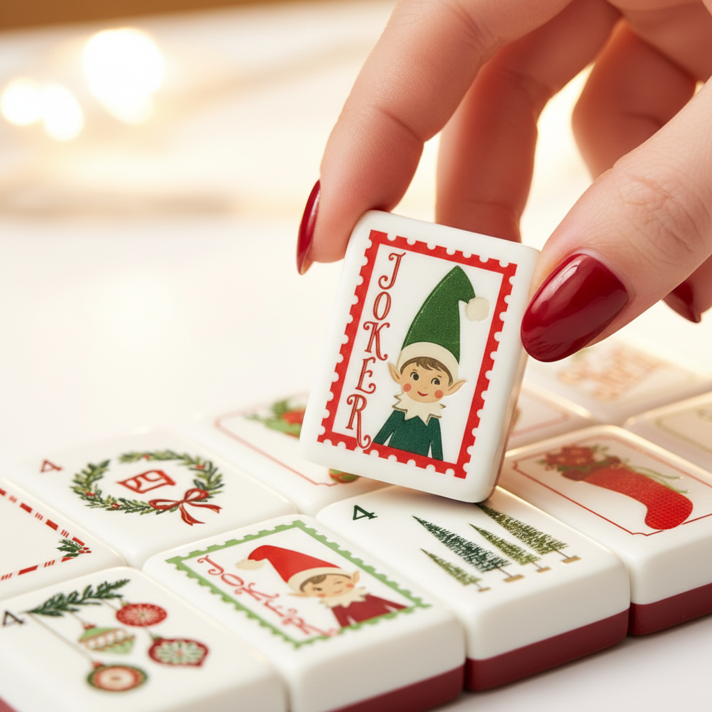 Close-up of fingers holding vintage illustrated Christmas Mahjong tile – white acrylic elf tile, Mahjong by May gift set