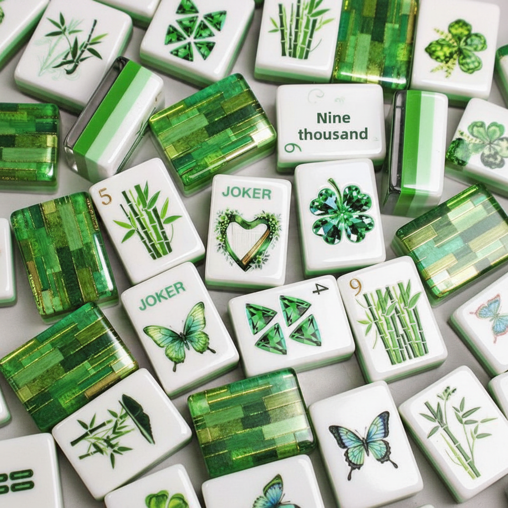 Botanical mahjong tiles scattered on a pale surface showing bamboo, butterfly and clover artwork, emerald gem-cut dots and translucent green striped tiles