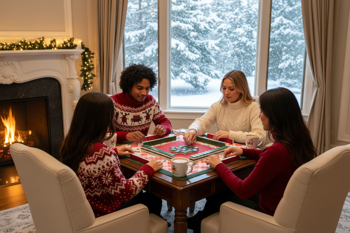 Friends playing Mahjong by a snowy window with Nutcracker teal tiles and Christmas mat