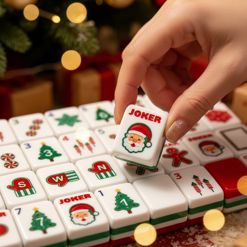 Fingers holding Santa Mahjong tile close-up