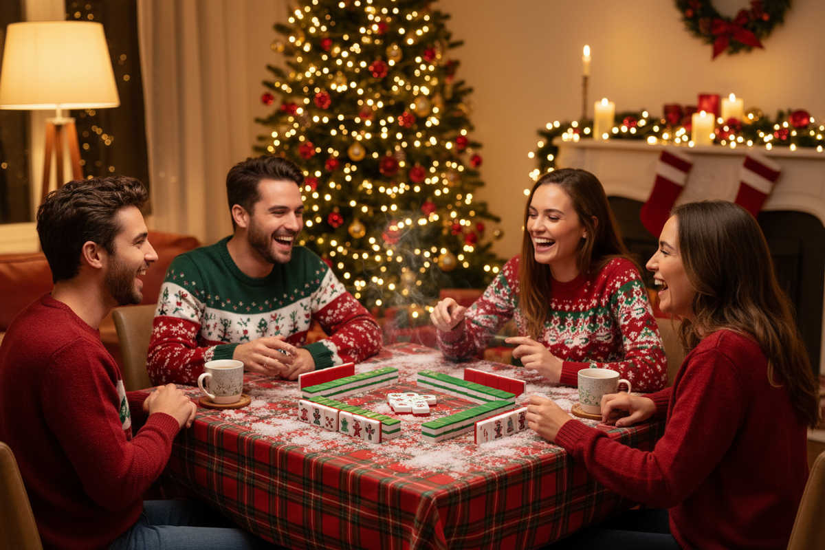 Friends playing Mahjong with Santa Christmas tiles