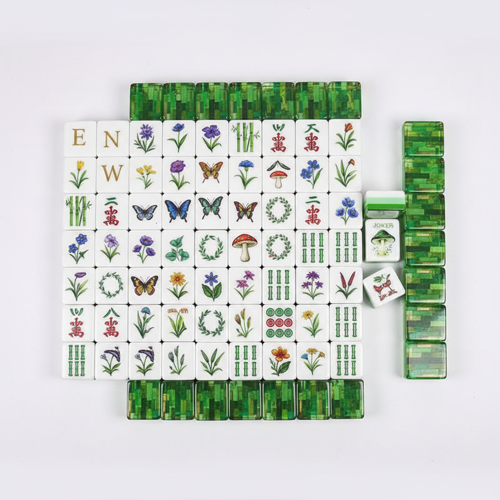 Flat lay of the full botanical American mahjong set arranged in a grid: white tiles with watercolour bamboo, flowers and joker wreaths, emerald gem-cut dots and gold wind tiles