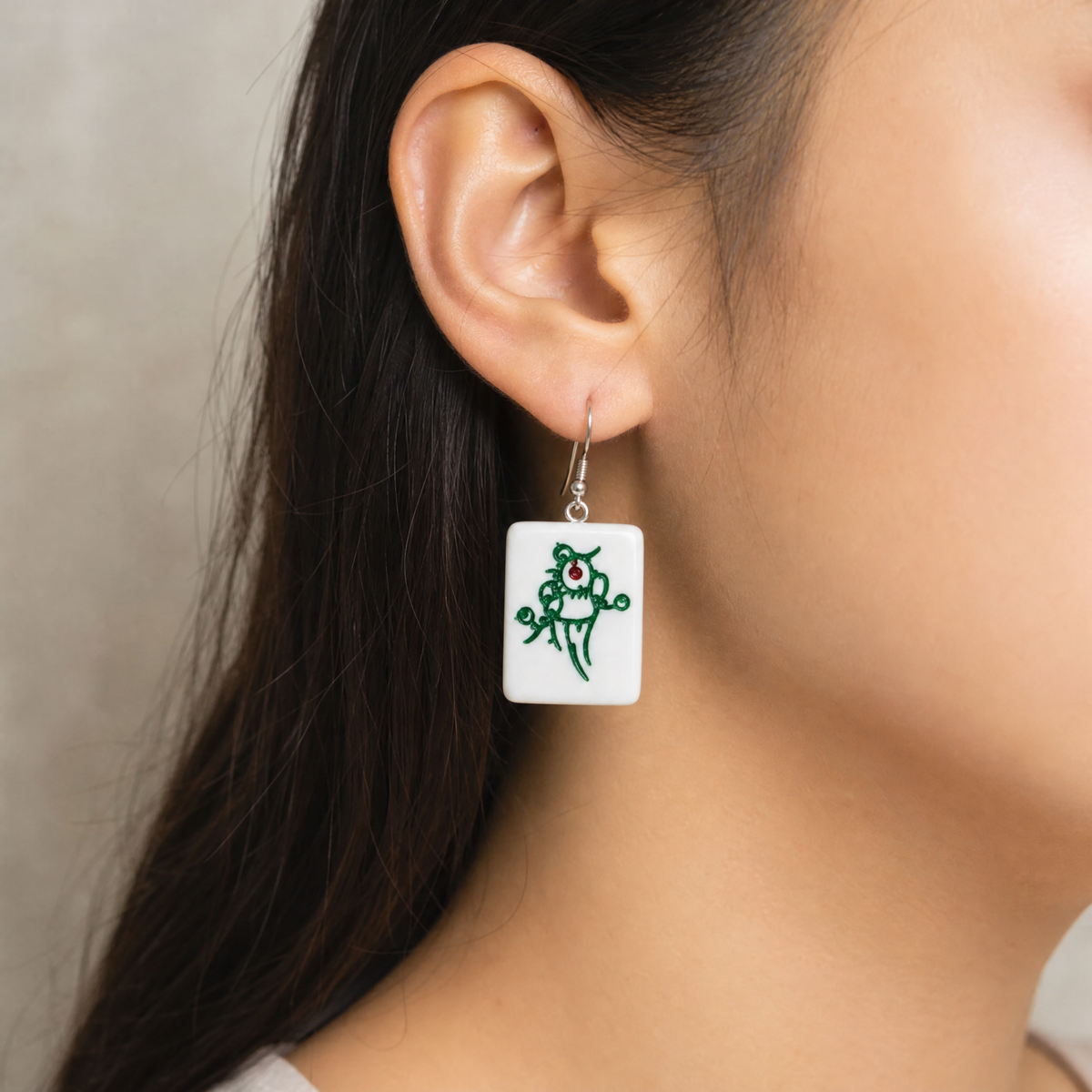 Mahjong Tile Earrings - "Green Dragon" Lucky Charm