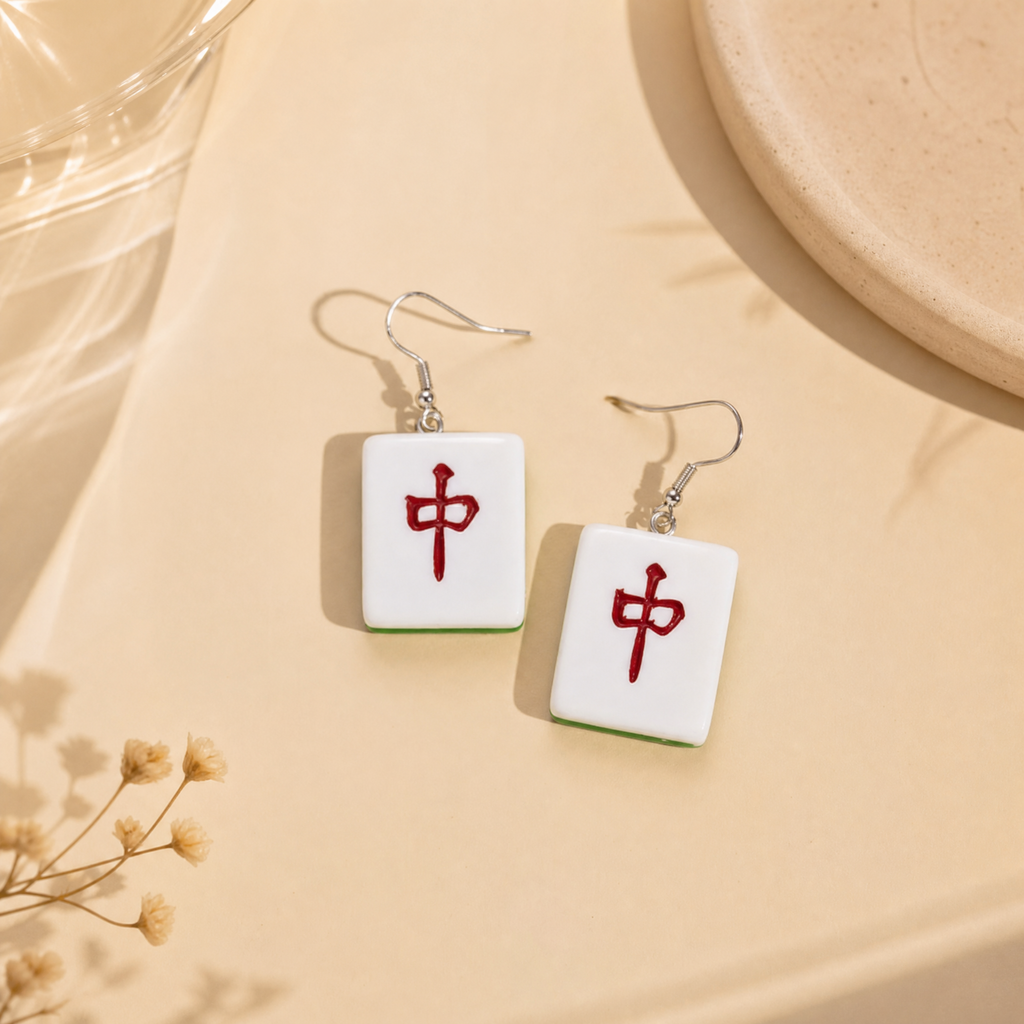 Mahjong Tile Earrings - Lucky Red Dragon Charm