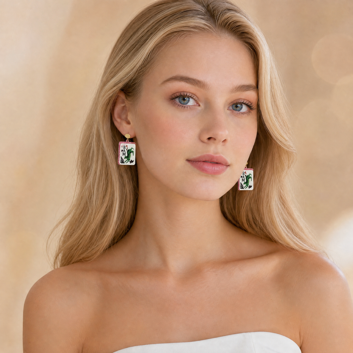 Bam Tiger Mahjong Tile Dangle Earrings – Pink Glitter Edges