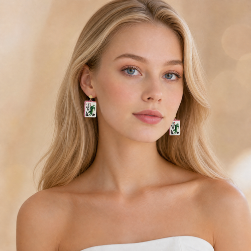 Bam Tiger Mahjong Tile Dangle Earrings – Pink Glitter Edges