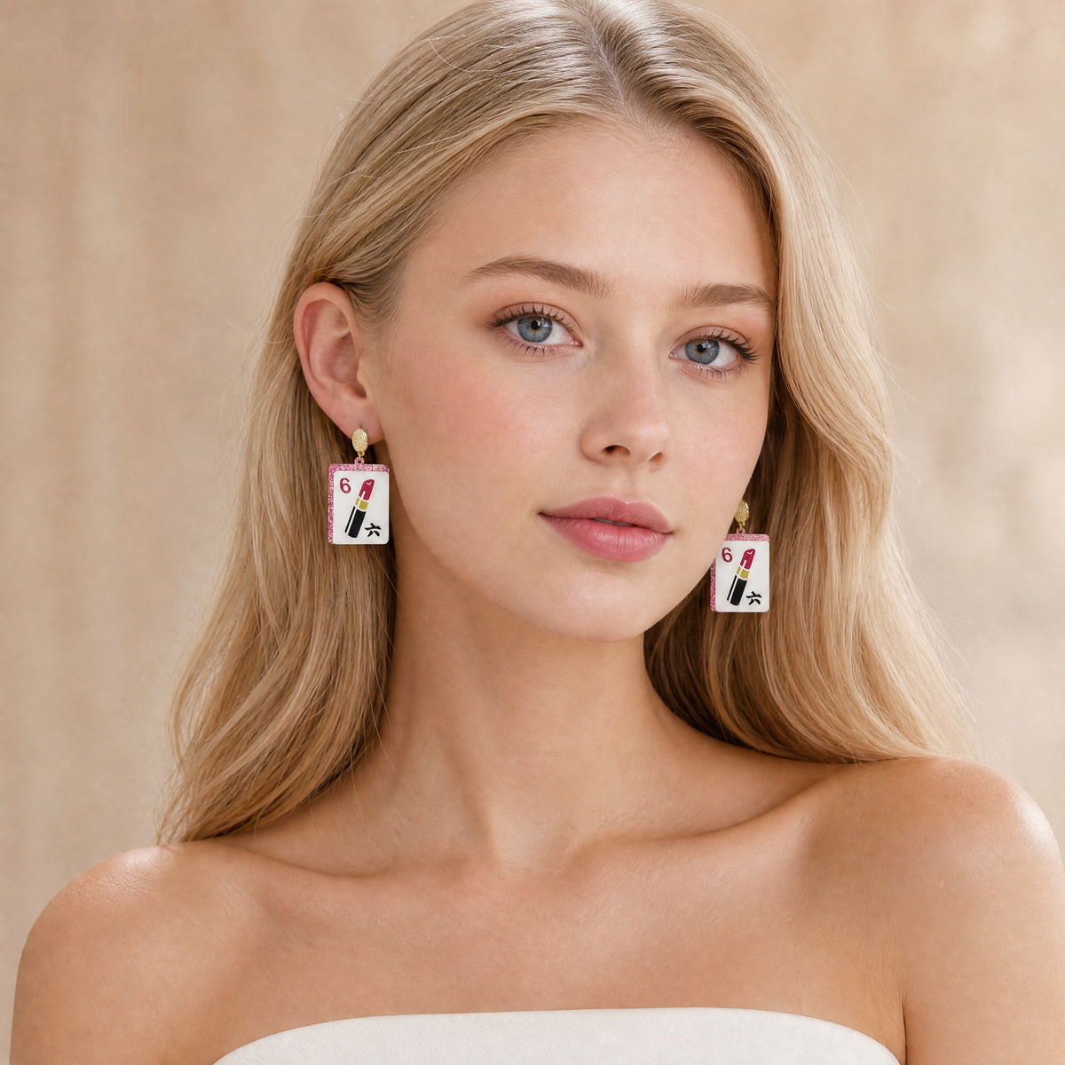 Lipstick "6" Mahjong Tile Dangle Earrings – Pink Glitter Edges