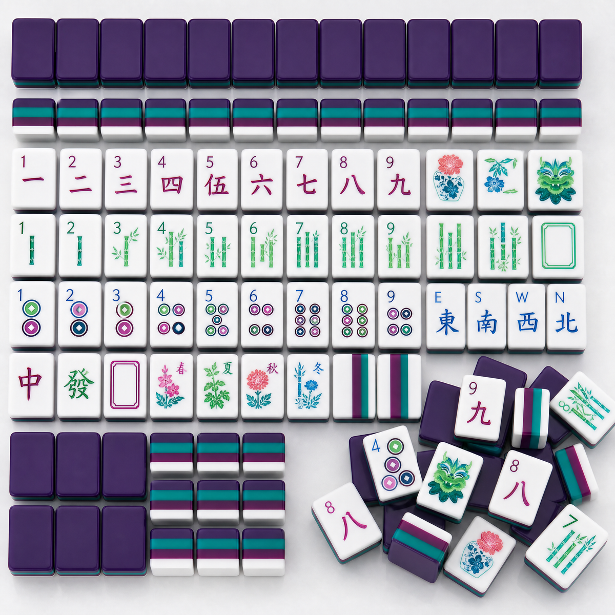 Purple Stripe Mahjong Set – 166 Tiles (Melamine, Engraving + UV Print)
