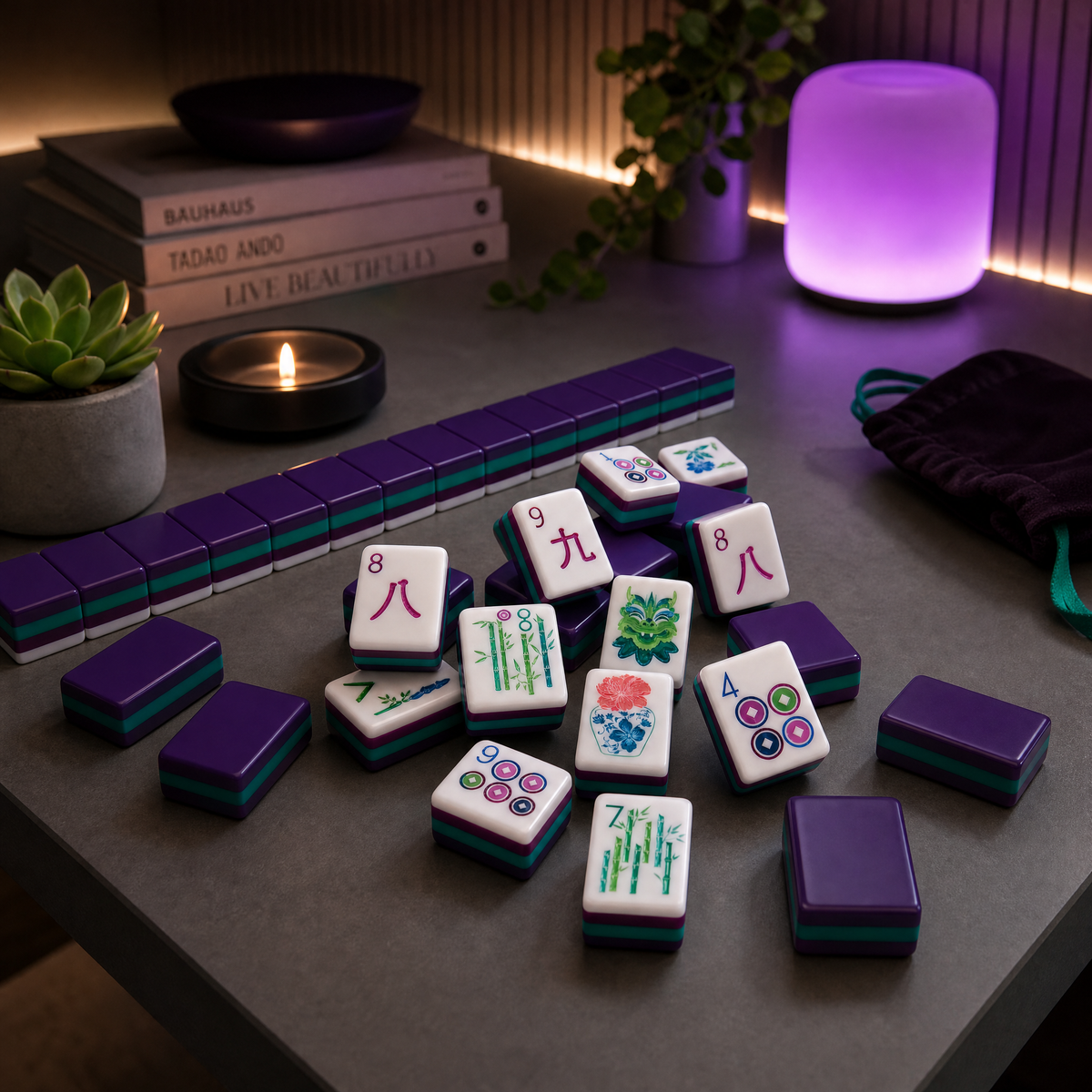 Purple Stripe Mahjong Set – 166 Tiles (Melamine, Engraving + UV Print)