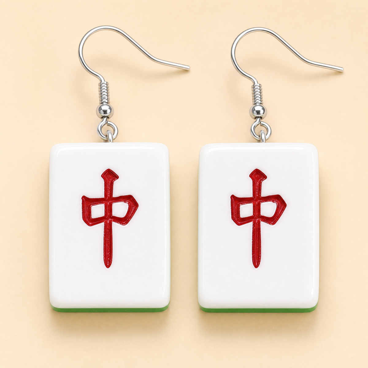 Mahjong Tile Earrings - Lucky Red Dragon Charm