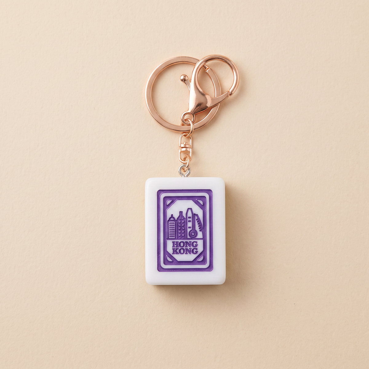 Hong Kong Mahjong Tile Keychain – Purple Engraved Resin Charm