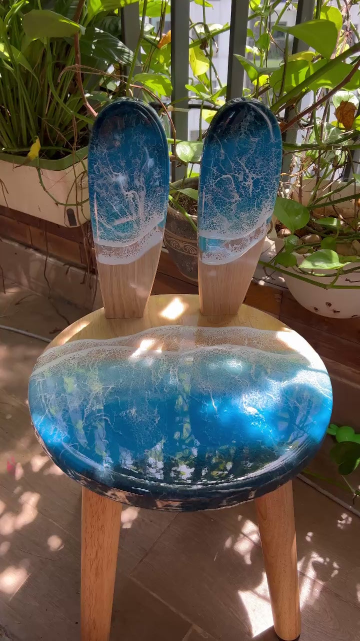 Bunny Ear Wood Resin Chair – Ocean Blue Resin Seat, Personalized Name Engraving