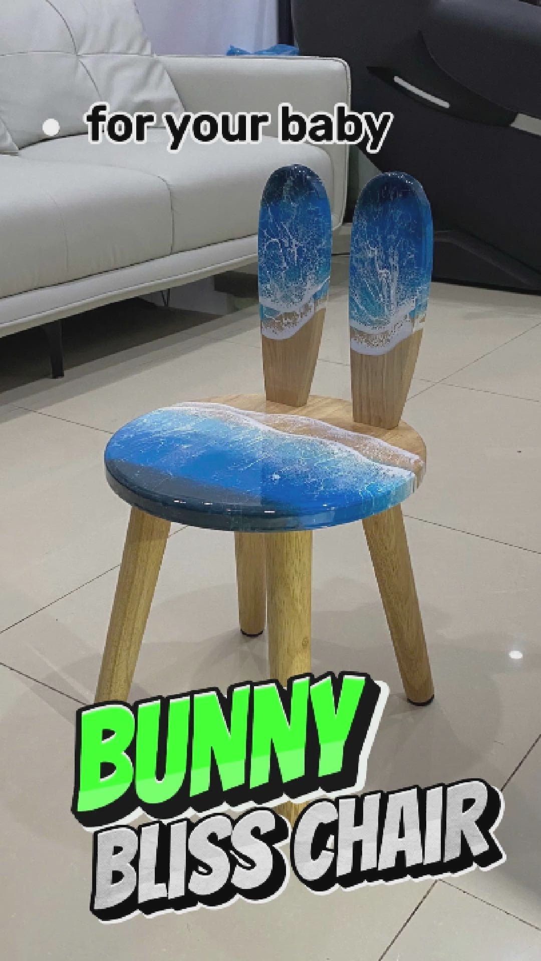 Bunny Ear Wood Resin Chair – Ocean Blue Resin Seat, Personalized Name Engraving