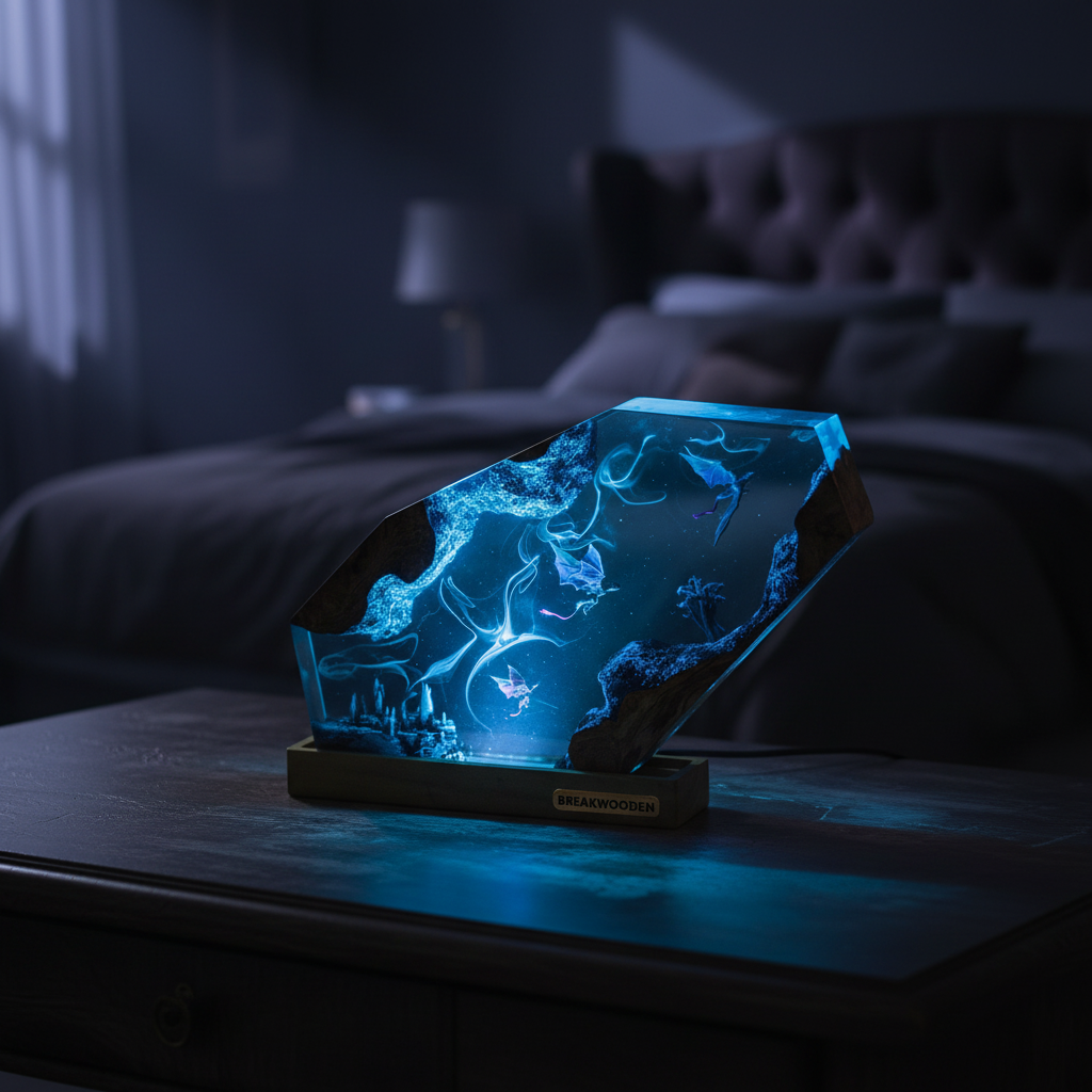 MAGIC WORLD Resin Lamp – Handmade Epoxy Wood Night Light with USB, Gothic Castle LED Desk Lamp for Bedroom Home Decor
