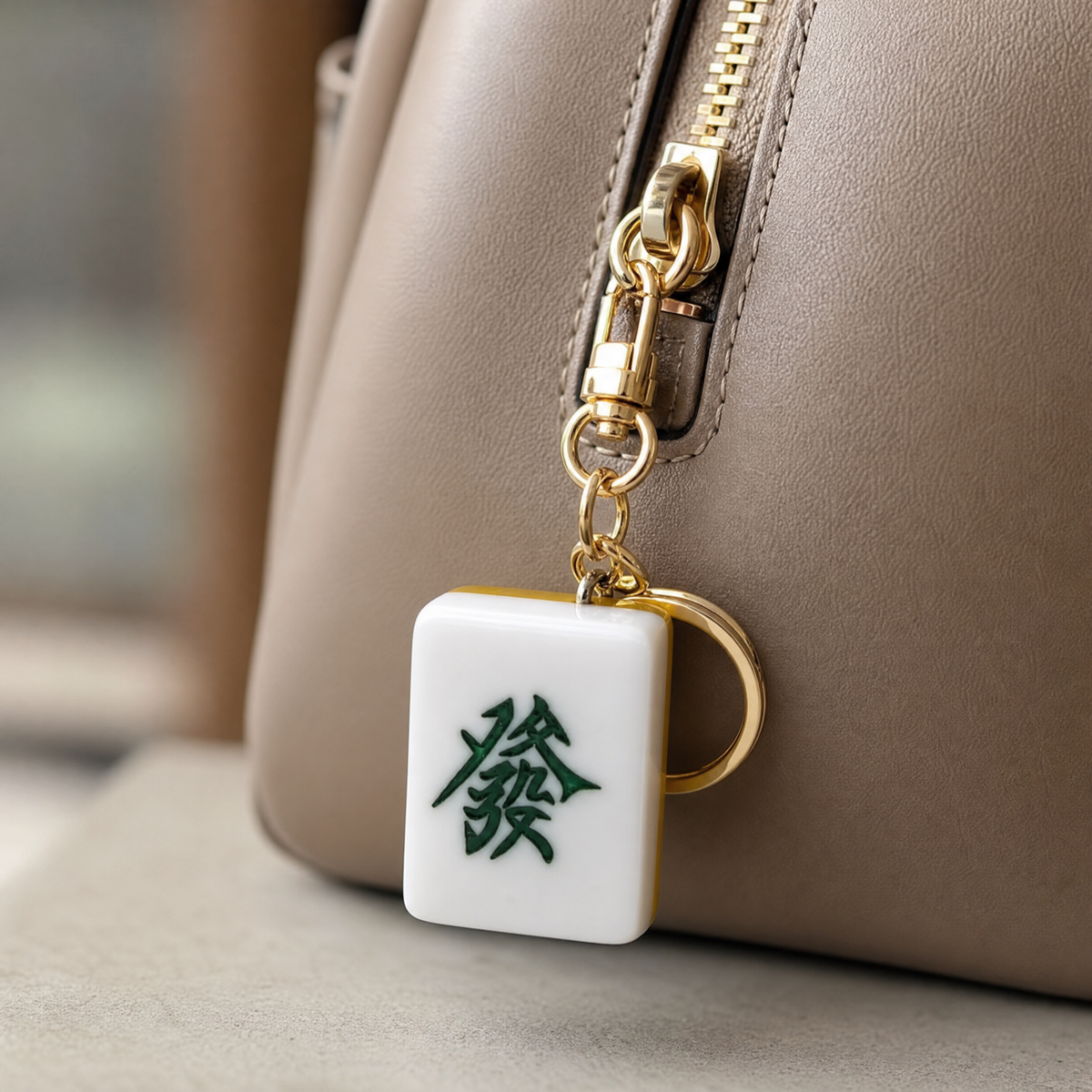 Mahjong Tile Keychain – Green “Fa” Symbol (Lucky Wealth)
