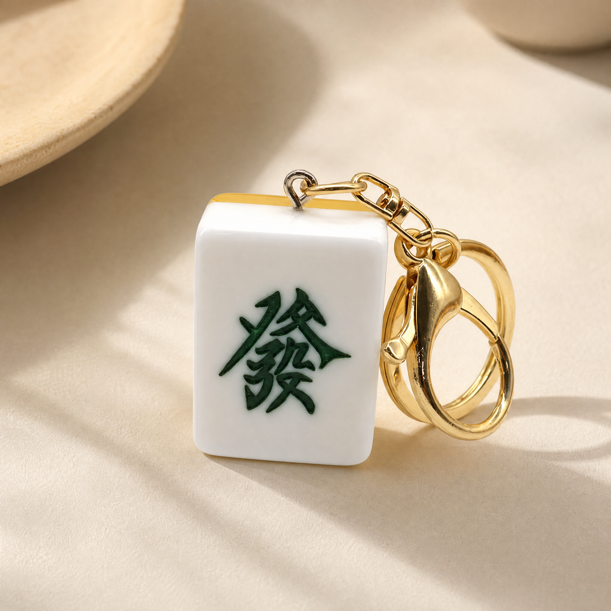 Mahjong Tile Keychain – Green “Fa” Symbol (Lucky Wealth)